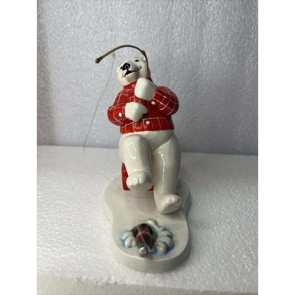 Coca‎ Cola 1995 Enesco Ceramic Polar Bear Ice Fishing & Skating Vtg Ornaments